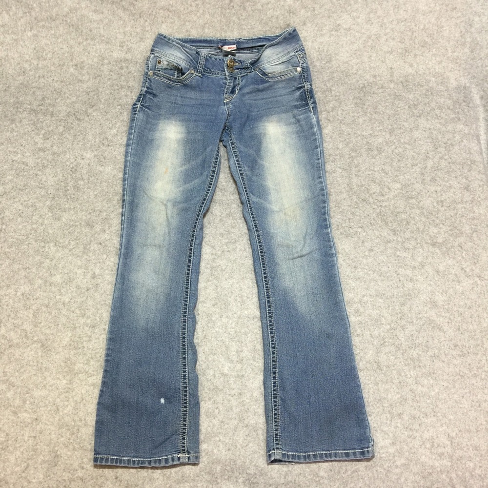Bongo Womens Low Rise Flare Jeans Medium Wash Embellished Pockets Size 5 - Picture 2 of 8